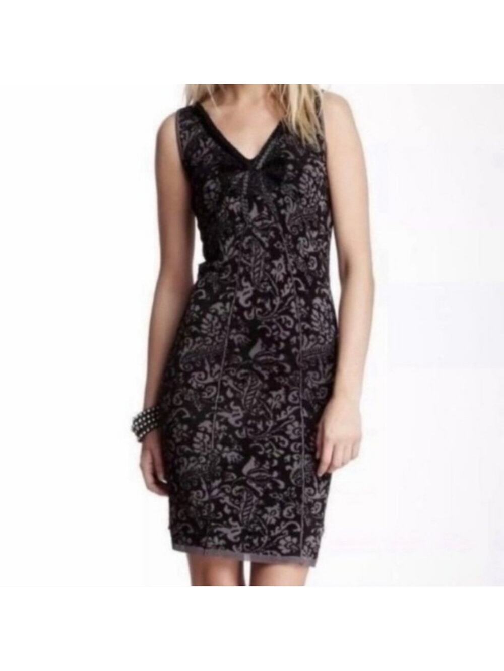 XS Free People Beaded Art Deco jacquard damask gray & black bodycon mini dress